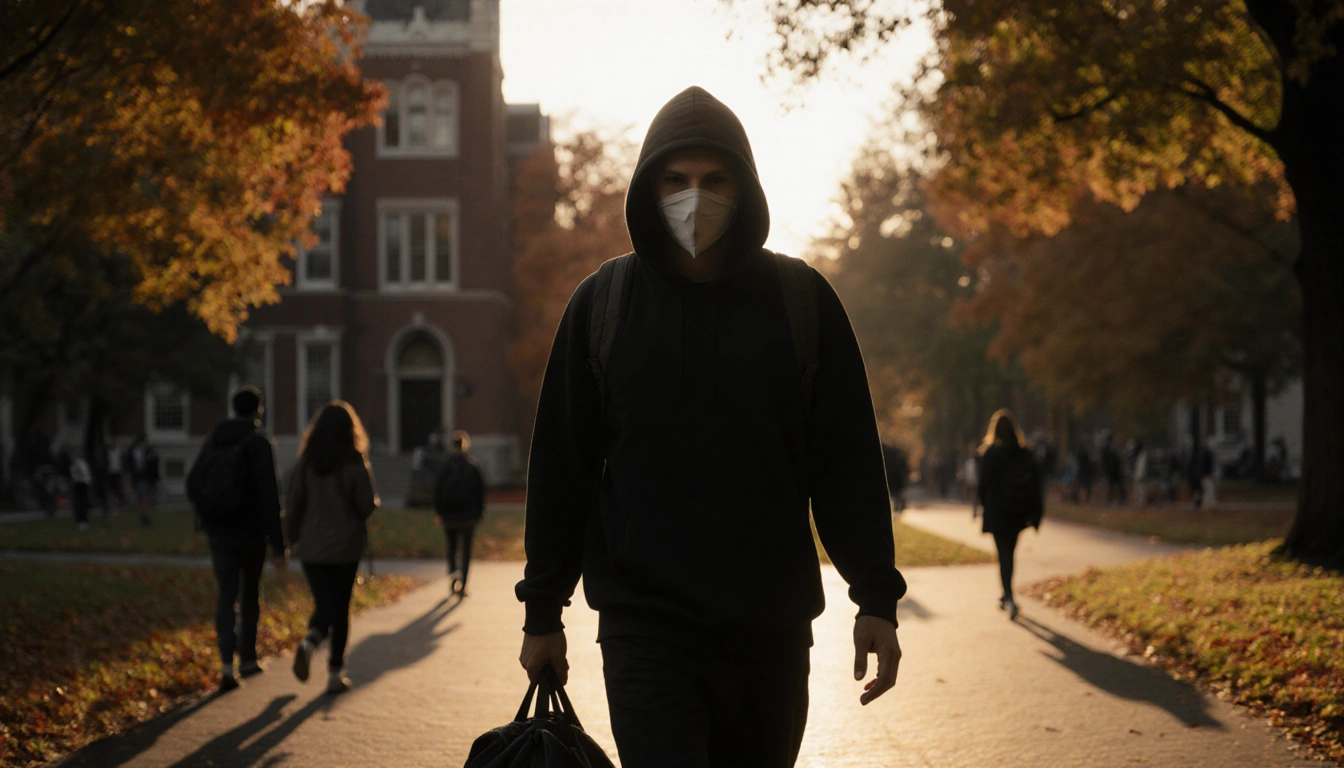 Masked suspect walking through Brown University campus with backpack amid autumn leaves and golden hour light
