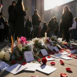 Shrine holding flowers and cards with mourners gathering as a rose petal falls nearby