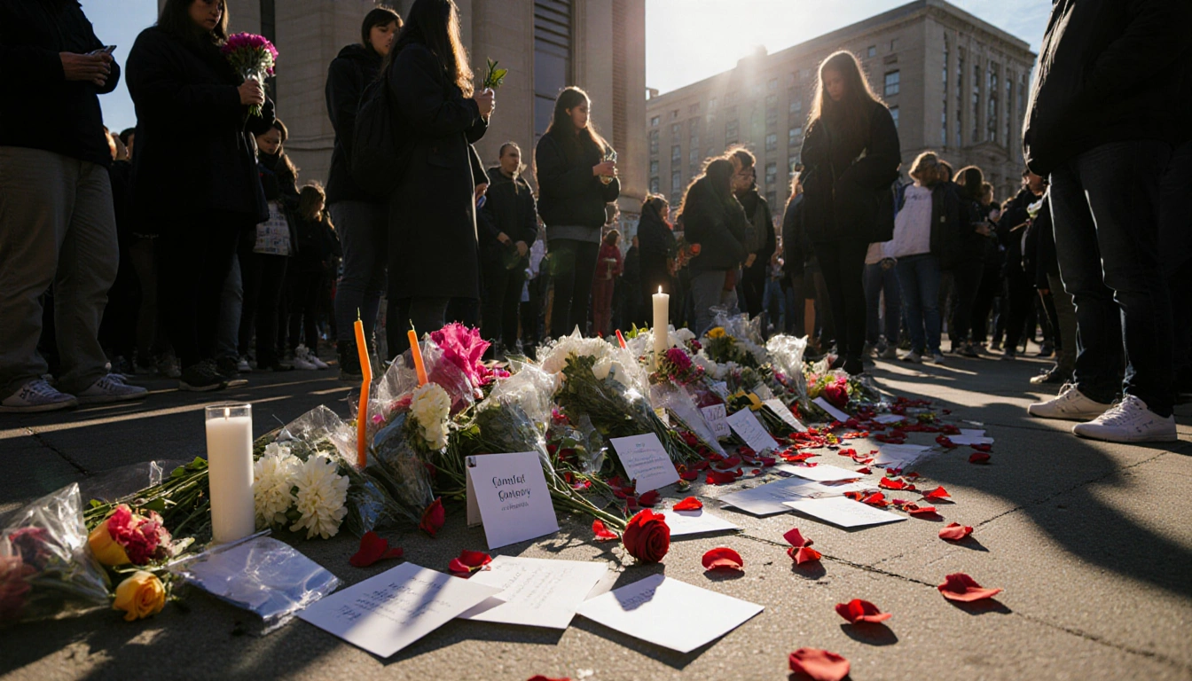 Shrine holding flowers and cards with mourners gathering as a rose petal falls nearby
