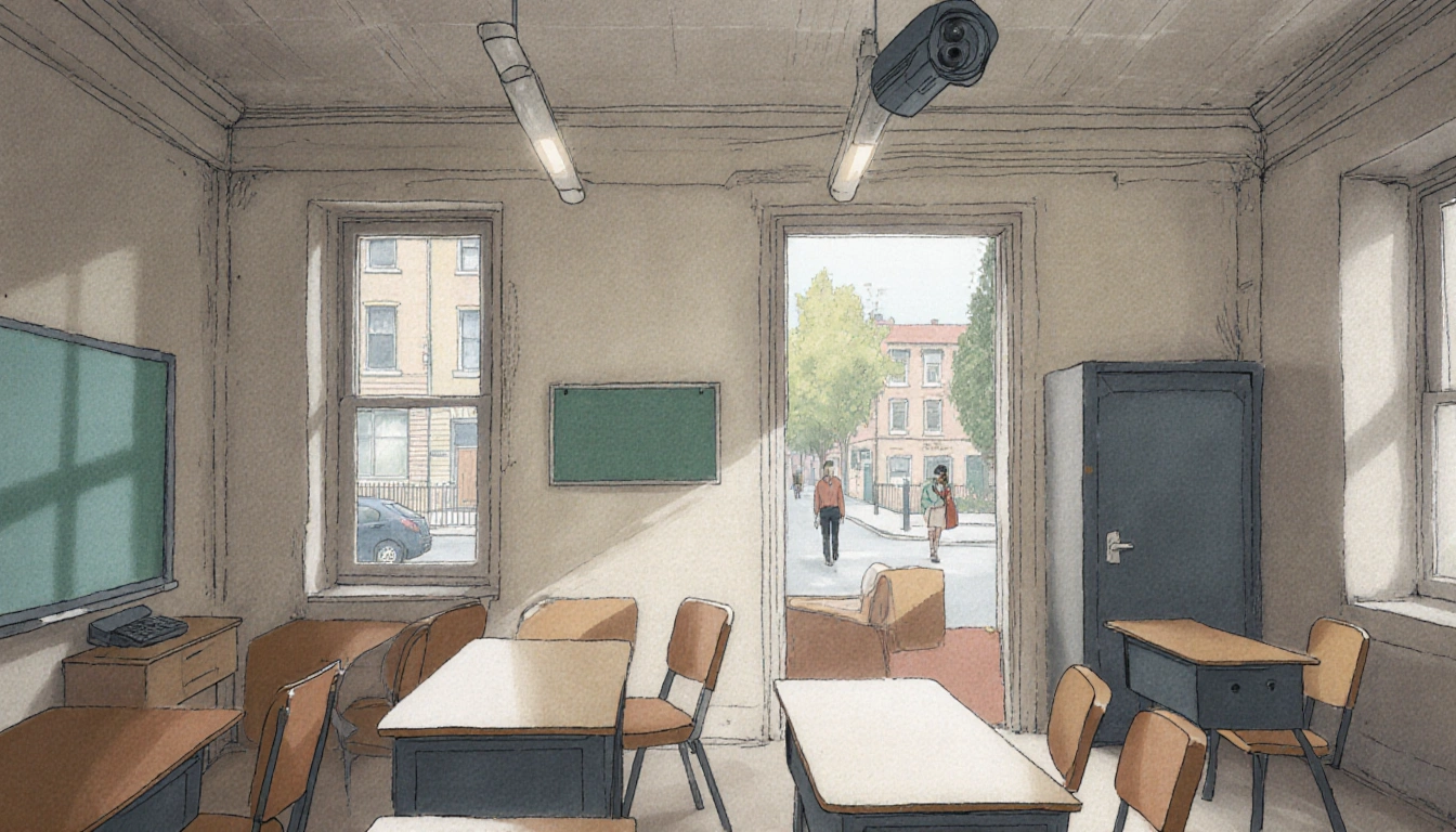 Students walking through an old Brown University classroom with no cameras and muted street lights in background