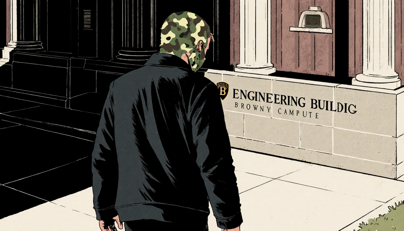 Man in dark clothing walking away from Brown engineering building with shadowy face and subtle camouflage pattern