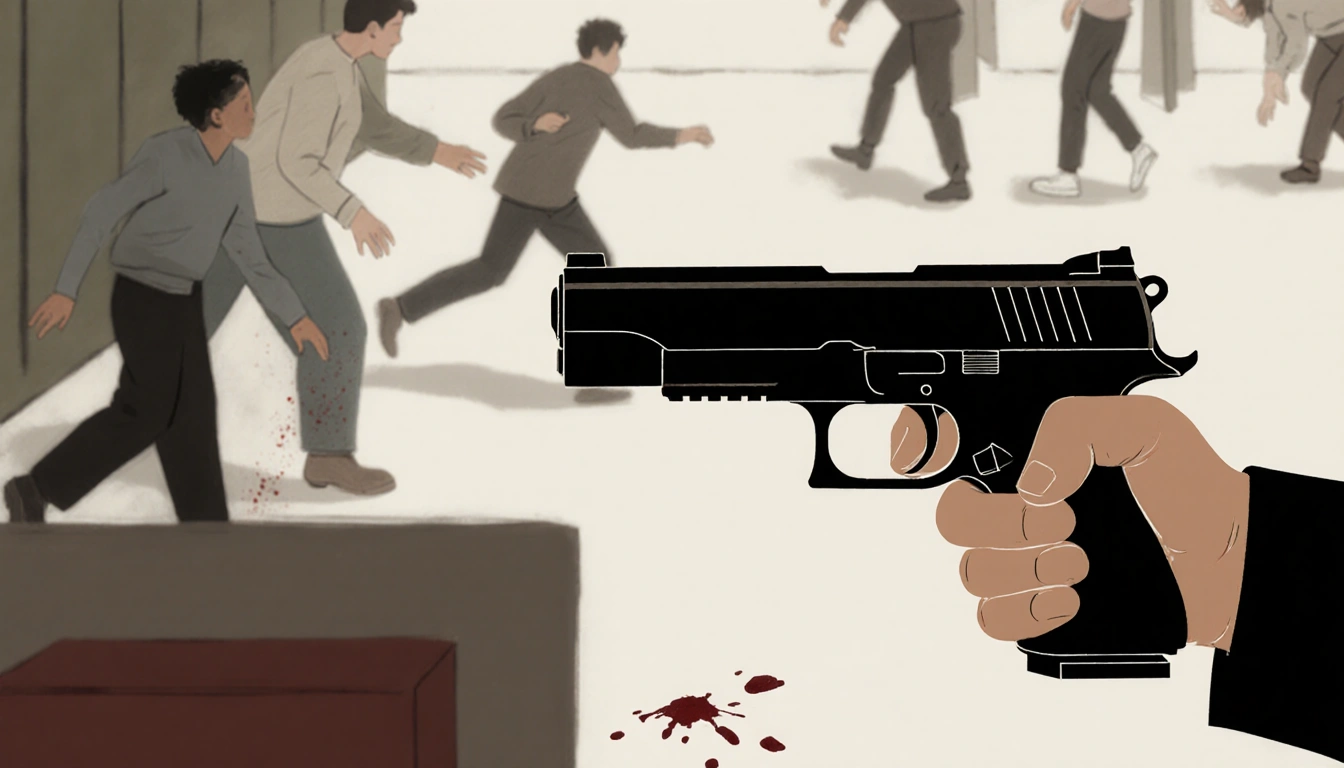 Figure holds a stark gun with bloodstains nearby and blurred crowd fleeing evoking Brown University shooting and gun control