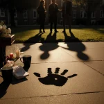 Handprint on a bench with scattered books and a candle memorial in golden light on Brown University quad