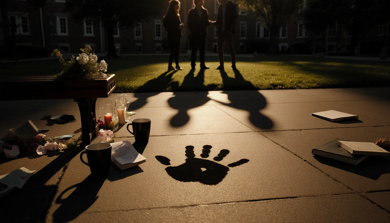 Handprint on a bench with scattered books and a candle memorial in golden light on Brown University quad