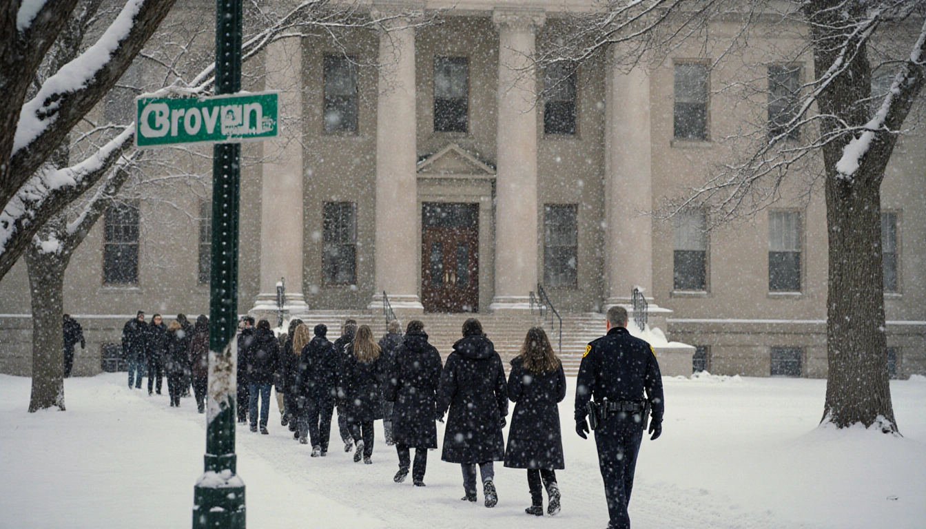 Students walk through snowy campus with Johnson Hall stone façade and police chief standing apart