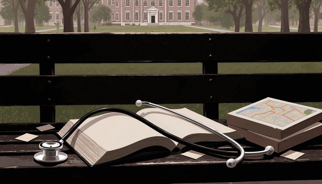 Medical textbook lying open on a campus bench with scattered notes and a faint Brown University map in the background.
