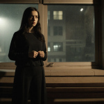 Student standing on campus bench with eerie glow from engineering building and ominous window shadow