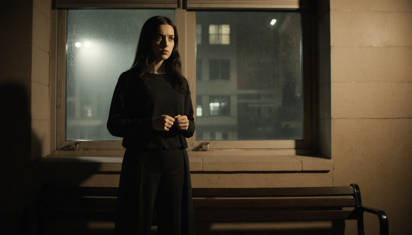 Student standing on campus bench with eerie glow from engineering building and ominous window shadow