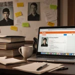 College student studying at desk with laptop and coffee surrounded by books and notes.