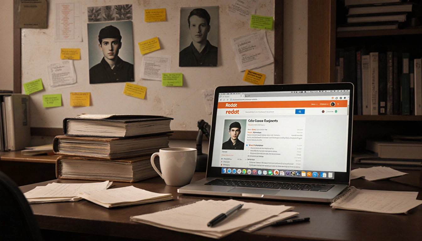 College student studying at desk with laptop and coffee surrounded by books and notes.