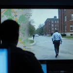 Campus investigators reviewing surveillance video with dim blue lighting and Brown University map