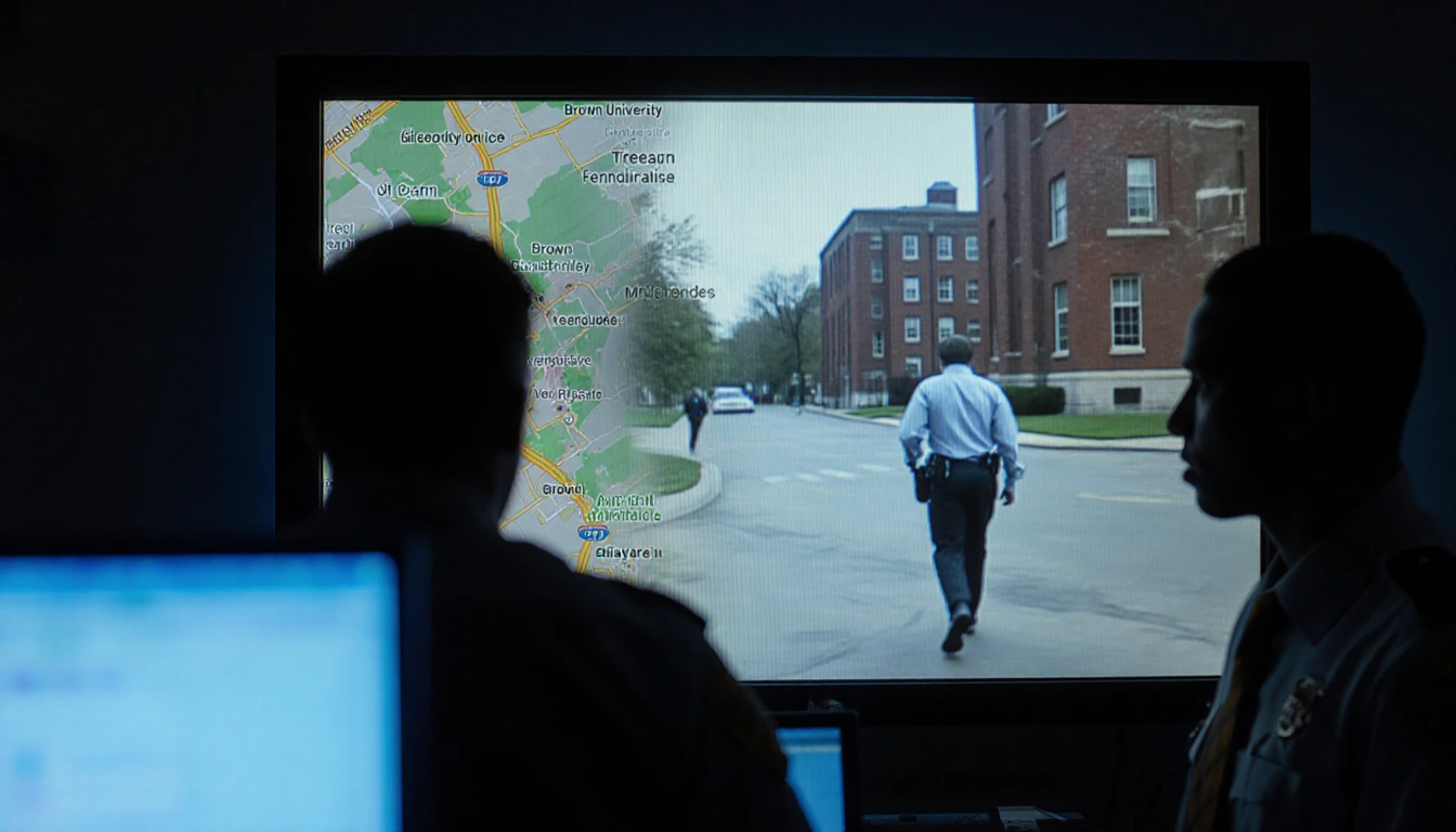 Campus investigators reviewing surveillance video with dim blue lighting and Brown University map