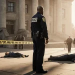 Campus security officer stands before Brown University with police tape and a suspect being led away while two students lie.