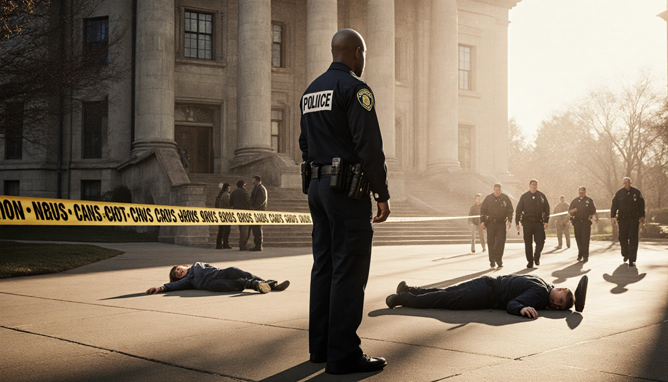 Campus security officer stands before Brown University with police tape and a suspect being led away while two students lie.