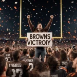Brown-clad Browns football fan stands atop cheering crowd with confetti swirling and stadium lights illuminating the scene