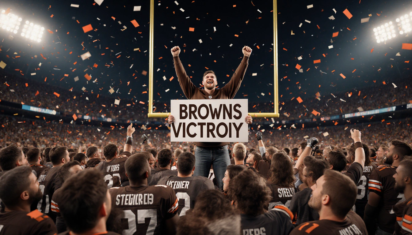 Brown-clad Browns football fan stands atop cheering crowd with confetti swirling and stadium lights illuminating the scene