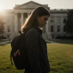 Zoe Weissman standing with backpack showing a bullet wound in late afternoon on Brown University quad.