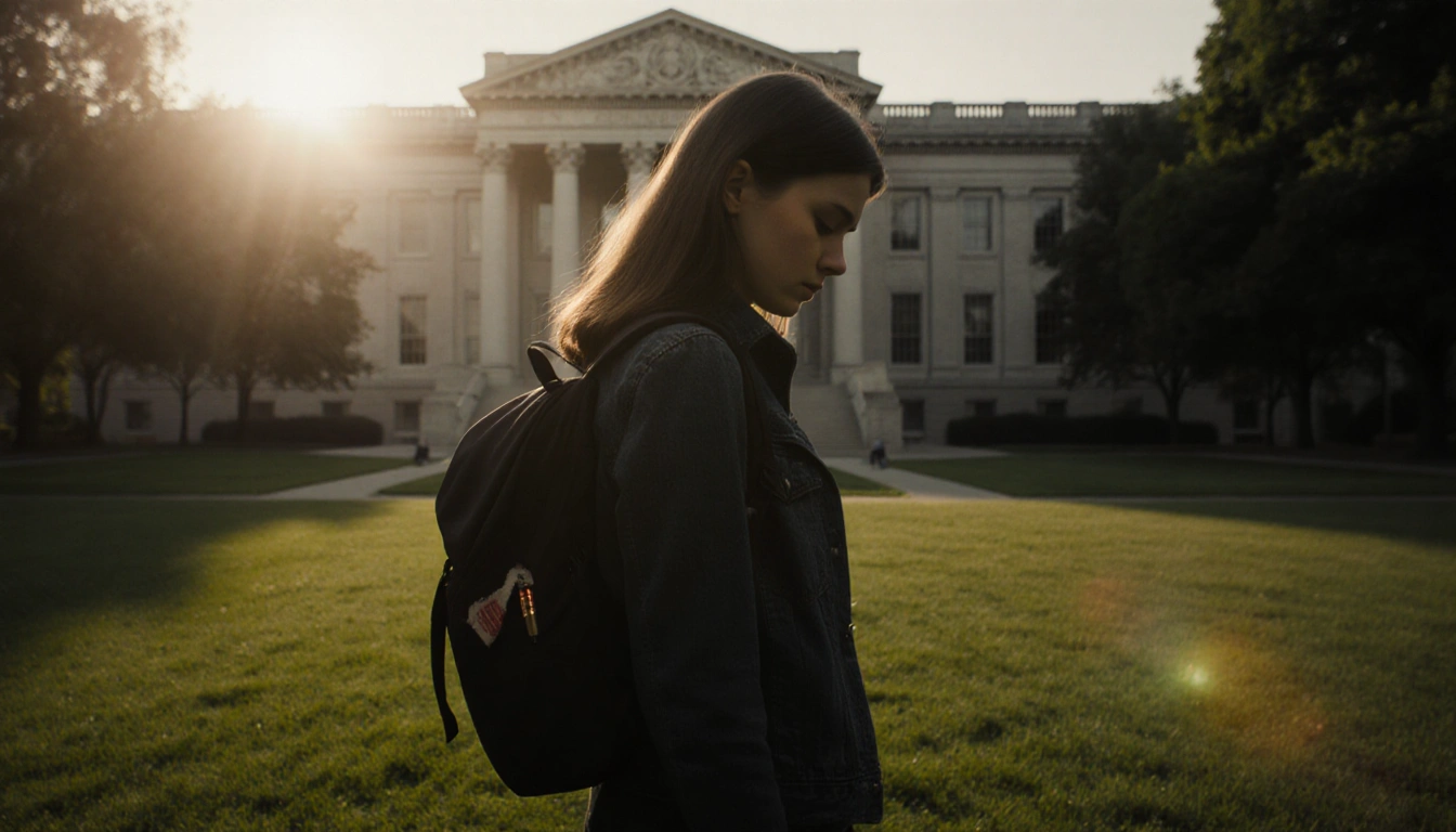 Zoe Weissman standing with backpack showing a bullet wound in late afternoon on Brown University quad.