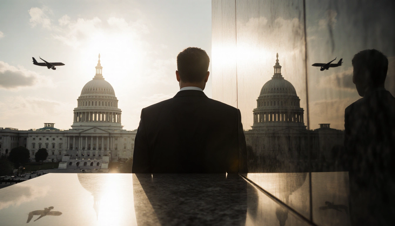 Bryan Bedford gazing at U.S. Capitol with marble reflection showing him and a distant aircraft silhouette.