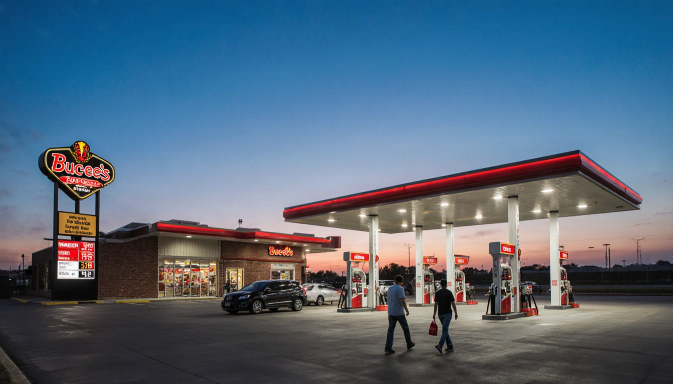 Travelers walking toward Buc‑ee’s travel center at sunrise with white fuel pumps and bright signage