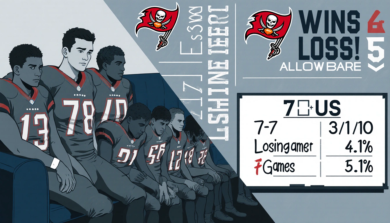 Buccaneers slump as team sits dejected on couch with grays while split-screen shows whiteboard with 7-7 and five-game losing 