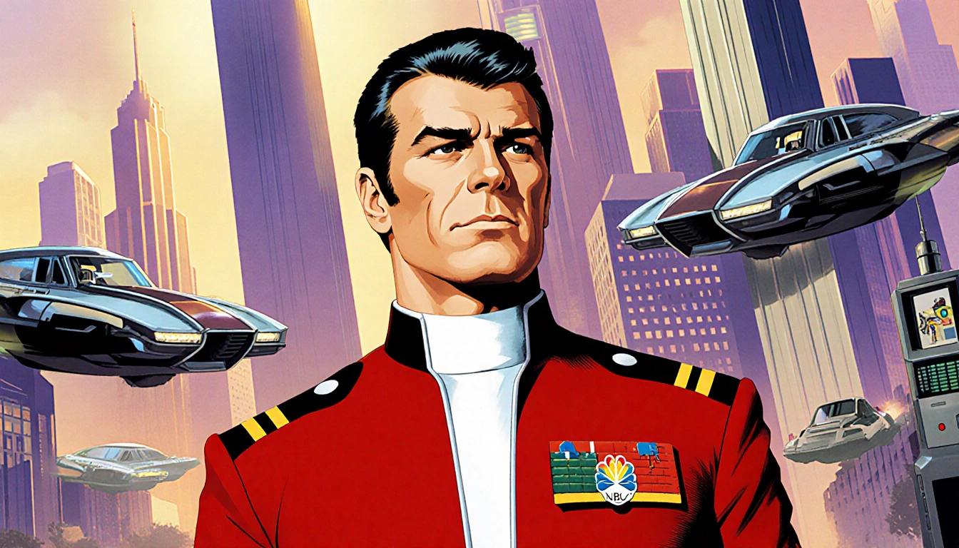 Buck Rogers stands confidently with his NBC uniform against a futuristic cityscape and retro-futuristic robots.