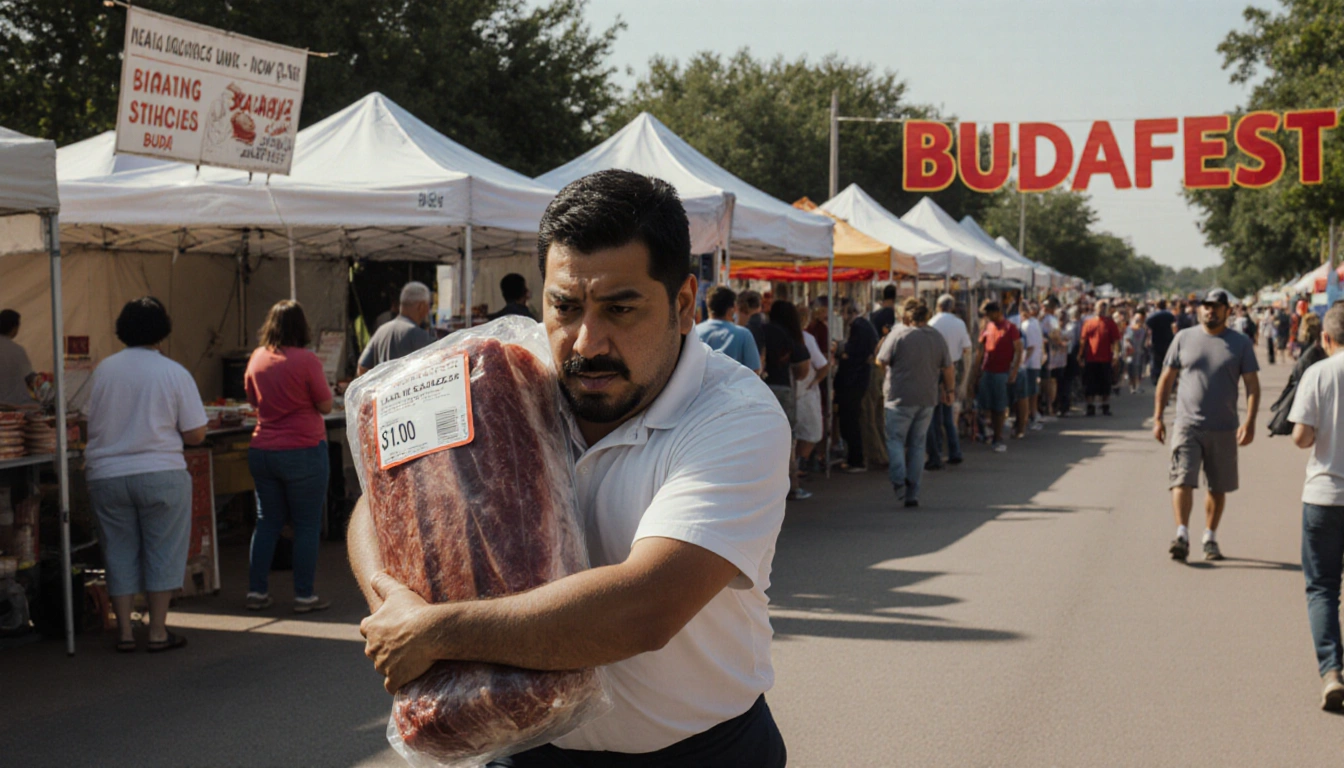 Mr. Salazar sneaking away from Budafest crowd clutching large brisket package marked $1,700