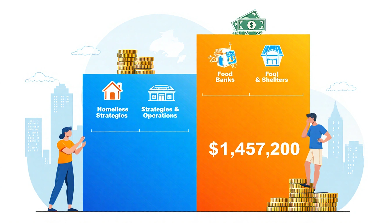 Chart illustrating budget allocation with bright blue homeless section and orange cash stack against cityscape Austin