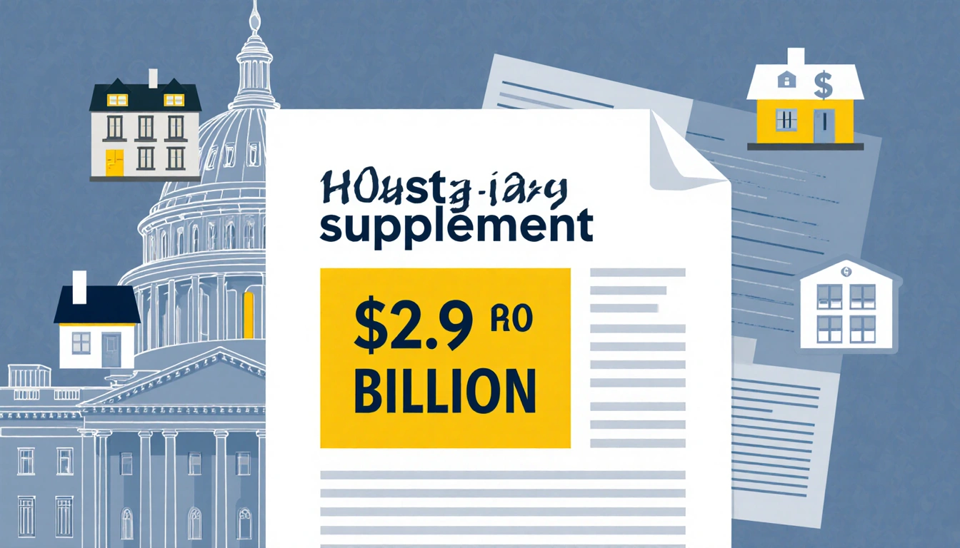 Diagram highlights budget allocation with Housing Supplement and icons of affordable housing units beside financial texture.