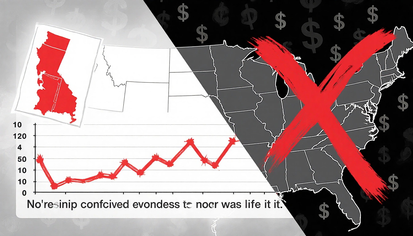 US map showing 16 states in red with a graph marked by a red X over dollar symbols indicating budget cuts