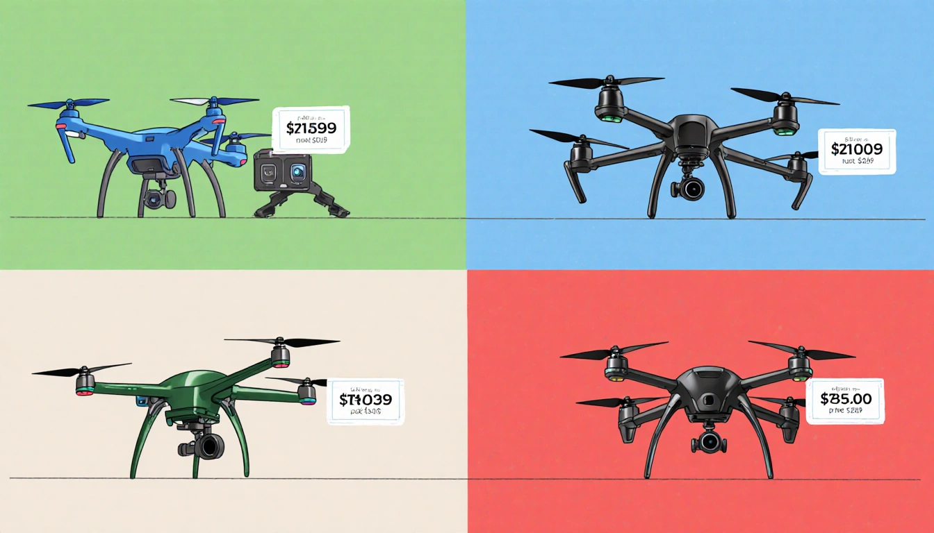 Table arranges drones with price tags and bright color-coded backgrounds prominently indicating budget levels