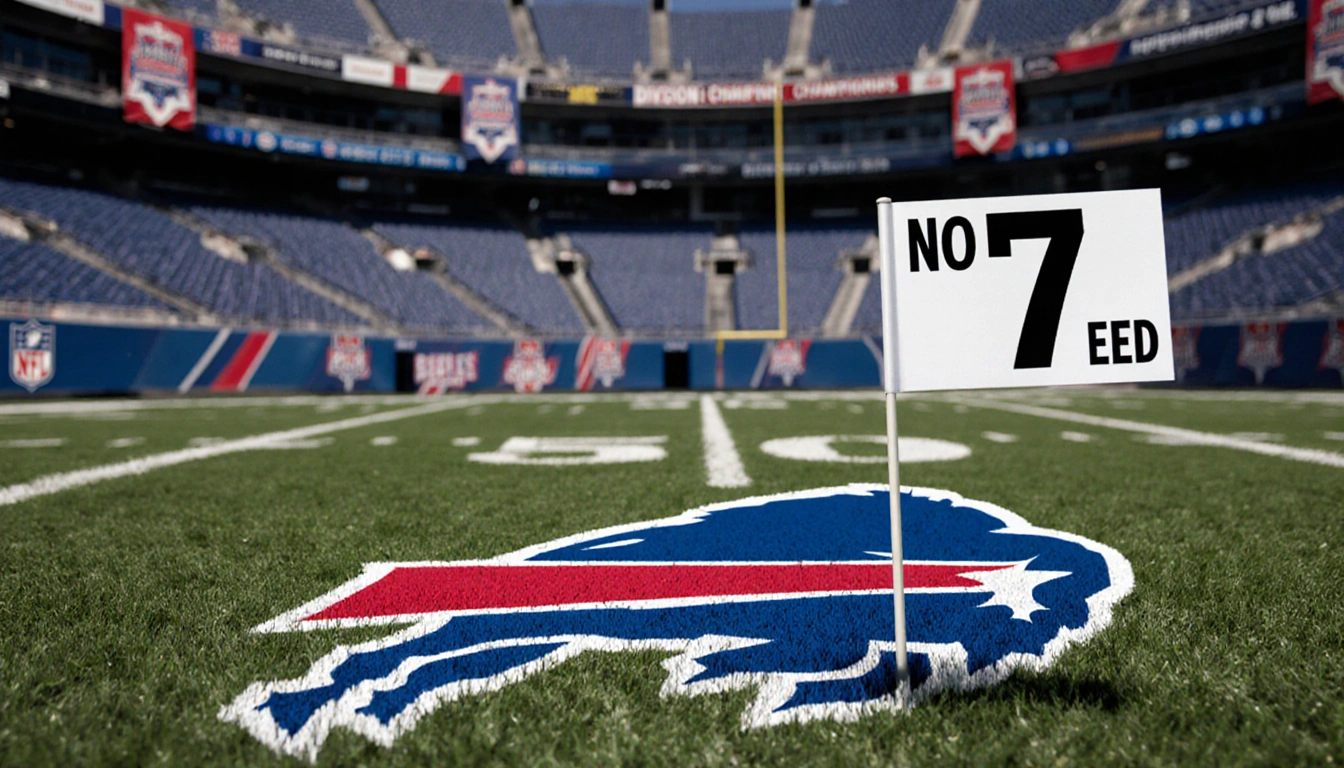 Buffalo Bills logo lies on ground with No. 7 seed flag beside it and faded championship banners overhead