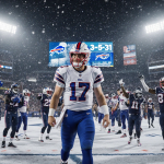 Josh Allen celebrating a Buffalo Bills comeback win with teammates fans while the scoreboard reads 35-31 under stadium lights