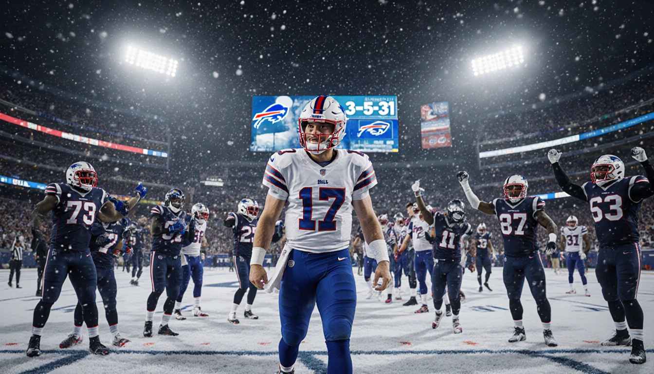 Josh Allen celebrating a Buffalo Bills comeback win with teammates fans while the scoreboard reads 35-31 under stadium lights