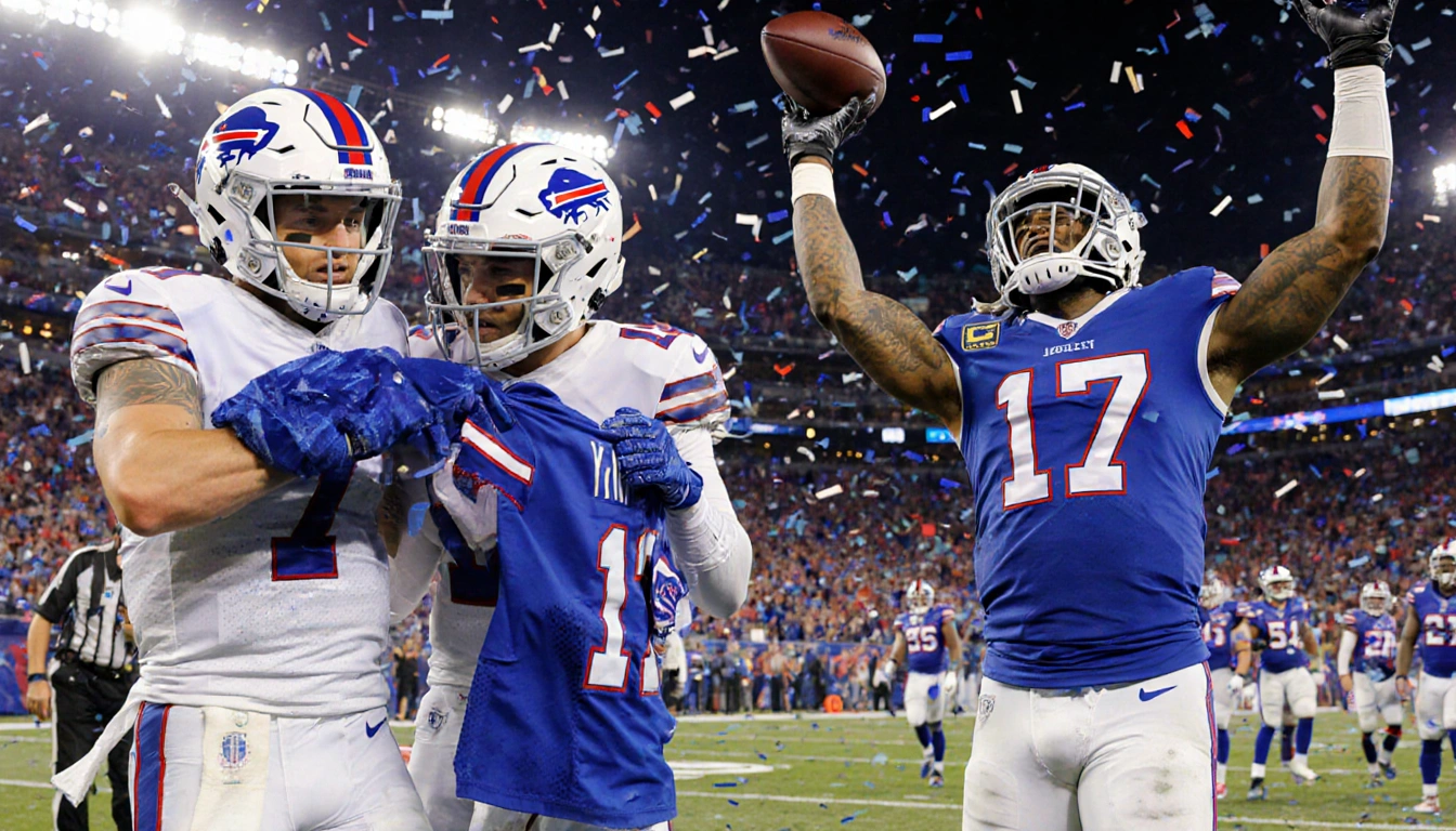 Knox catching a touchdown pass with arms raised while Josh Allen celebrates with confetti near stadium lights.
