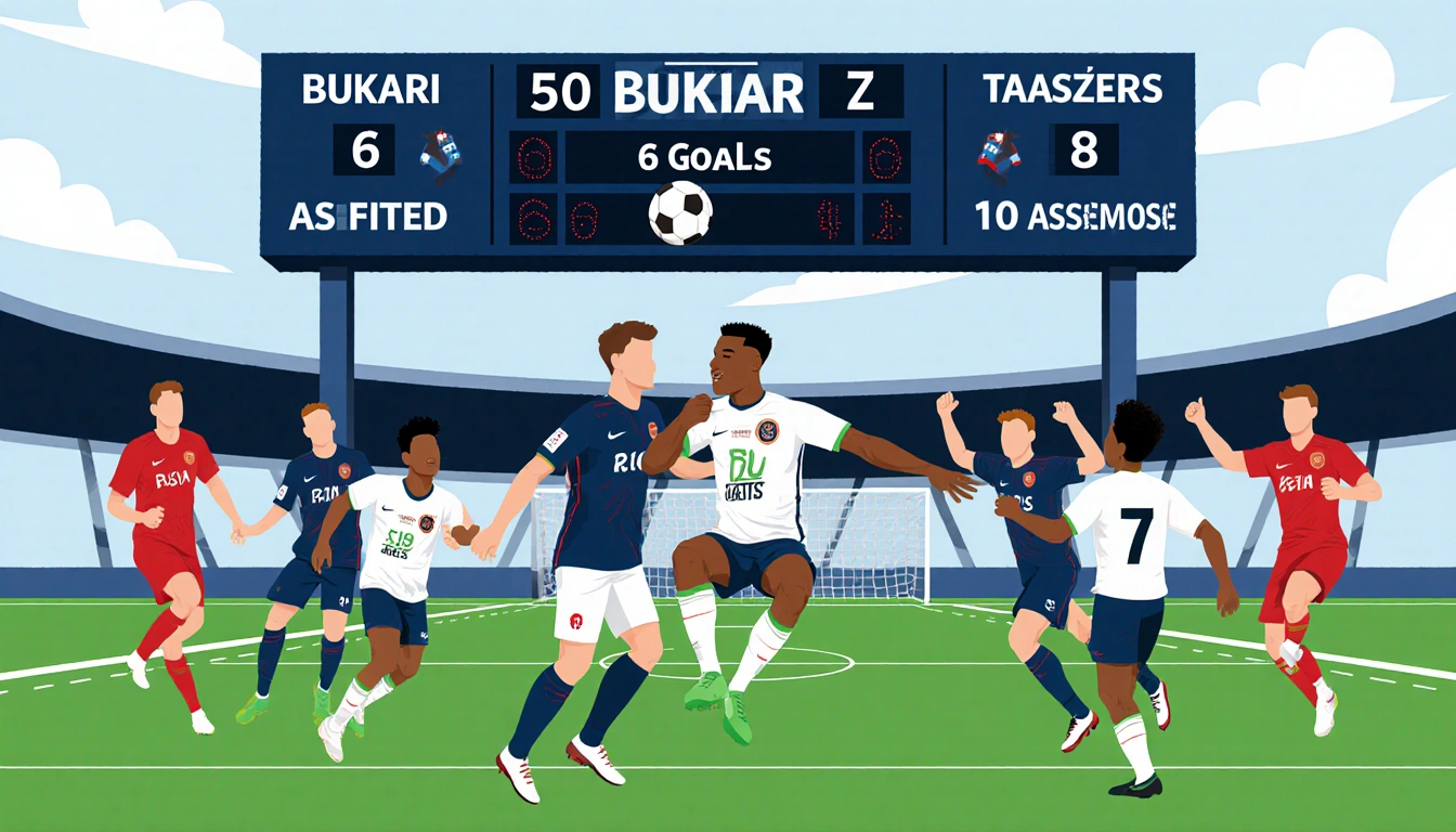 Bukari leaping for a header with Austin FC scoreboard showing stats and teammates celebrating around him