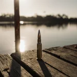 Bullet casing lying abandoned on weathered dock with glassy lake reflecting Florida sun
