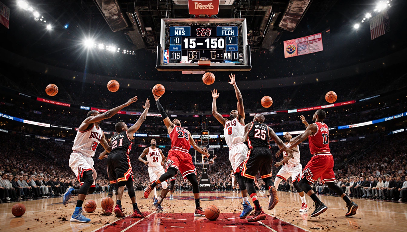 Players raising exhausted arms in a basketball arena with a glowing 152-150 scoreboard and scattered sneakers