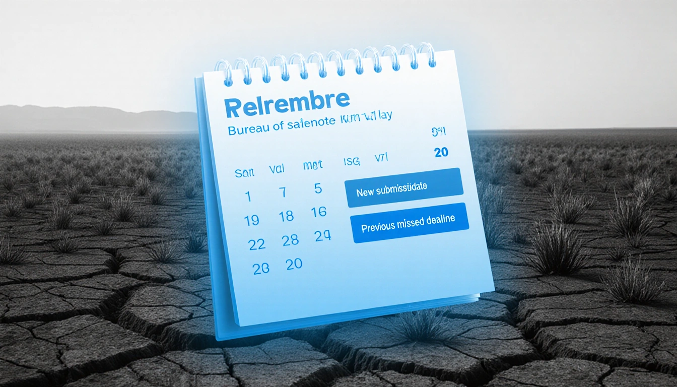 Calendar displaying February 14 and November deadlines with blue gradient and dry earth background showing water shortage.