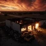 Burning body shop with flames licking windows and roof and charred facade with abandoned construction equipment.