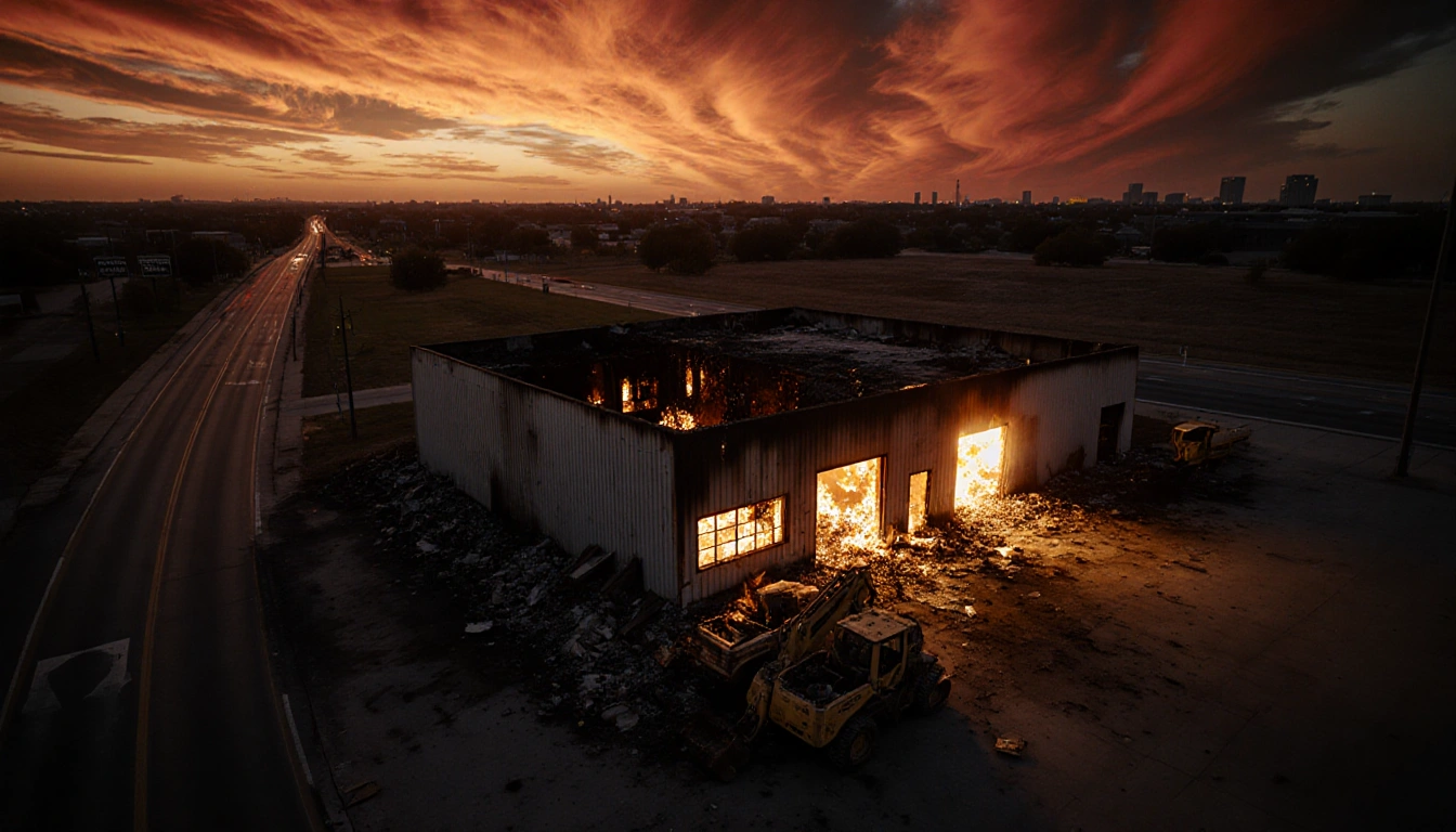 Burning body shop with flames licking windows and roof and charred facade with abandoned construction equipment.