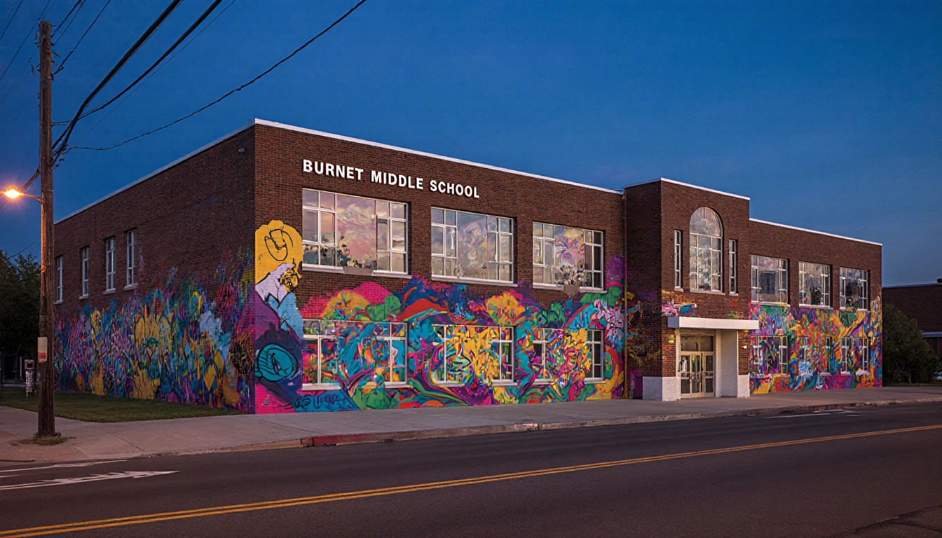 Burnet Middle School facade transforms into a vibrant charter school with colorful murals and modern design.
