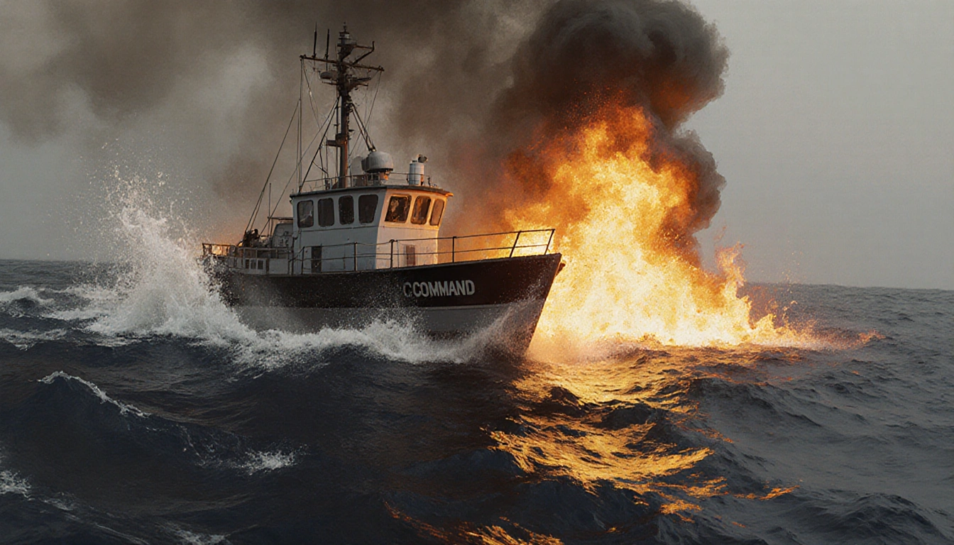 Burning boat rocking in Pacific with flames licking hull and splashing water near one side.