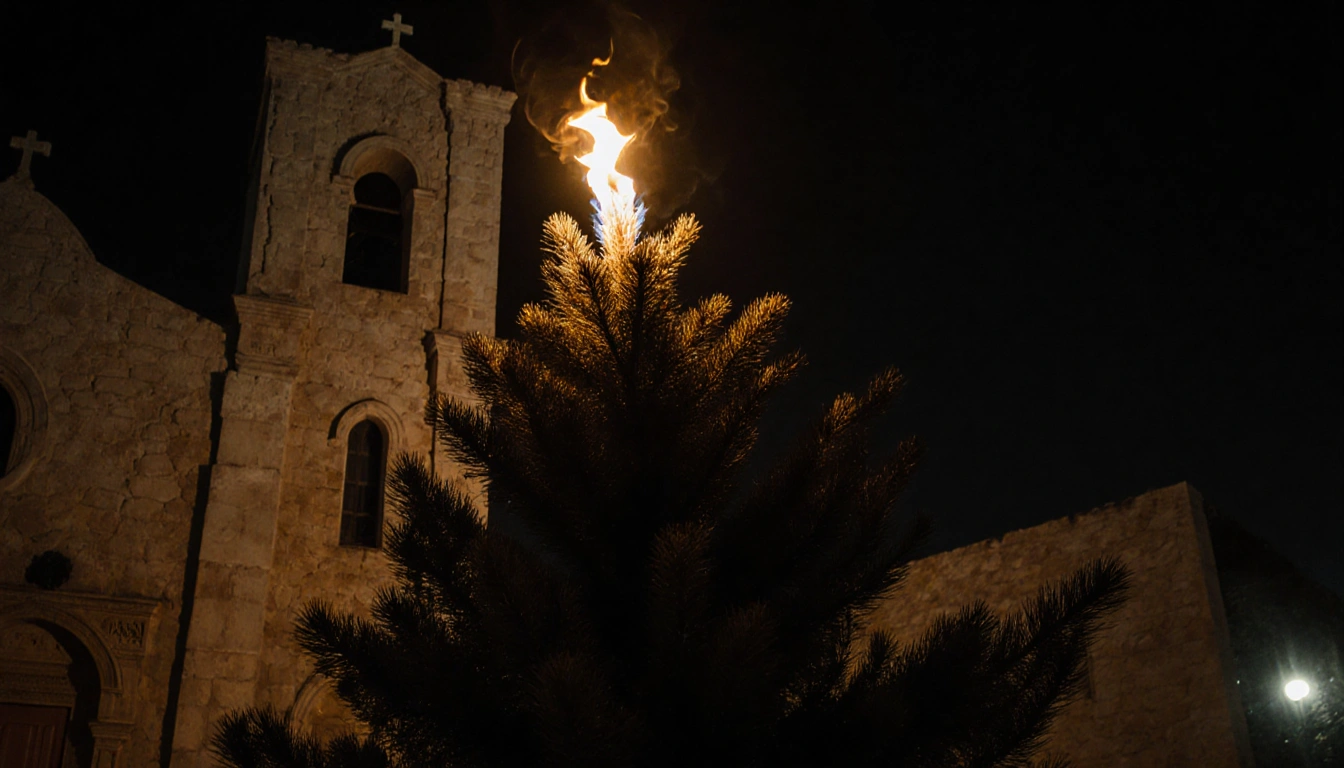 Burning Christmas tree flickers with a single flame and shadows on stone walls of Jenin Holy Redeemer Church