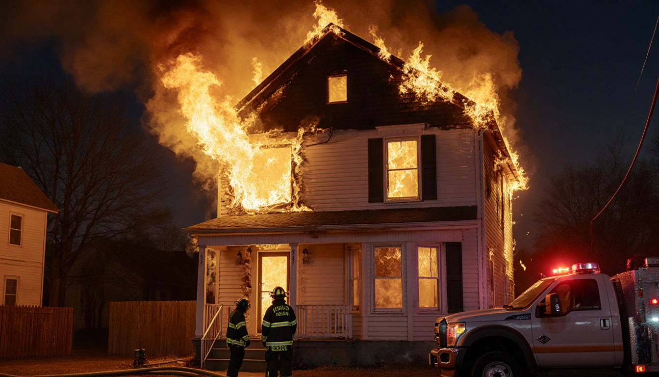 Firefighters standing at the entrance with hoses and a two-story house ablaze with flames.