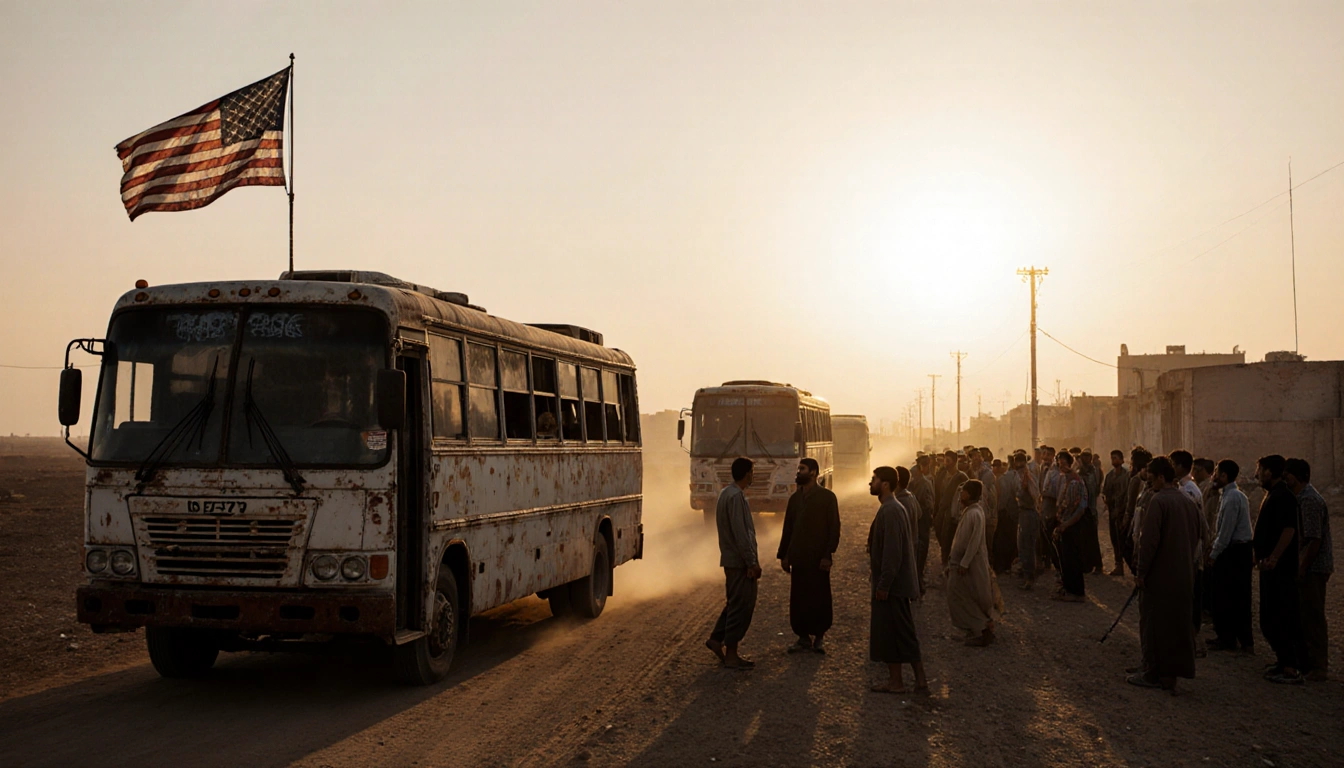 A convoy of rusty buses drives into Jdeidet Yabous with refugees on the outskirts and an American flag fluttering above them.