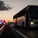 Crumpled passenger bus lies wrecked with guardrail and metal on asphalt emergency vehicles flash lights yellows at sunset.