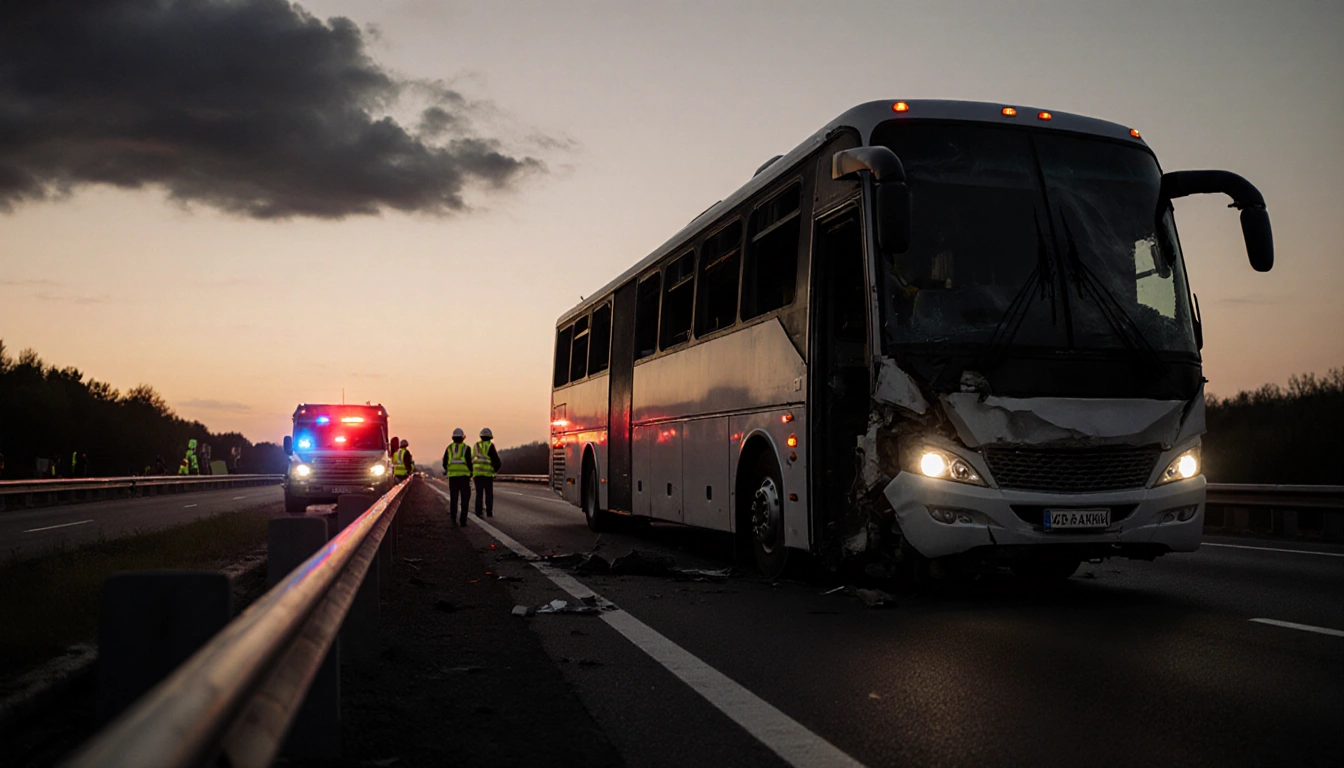 Crumpled passenger bus lies wrecked with guardrail and metal on asphalt emergency vehicles flash lights yellows at sunset.