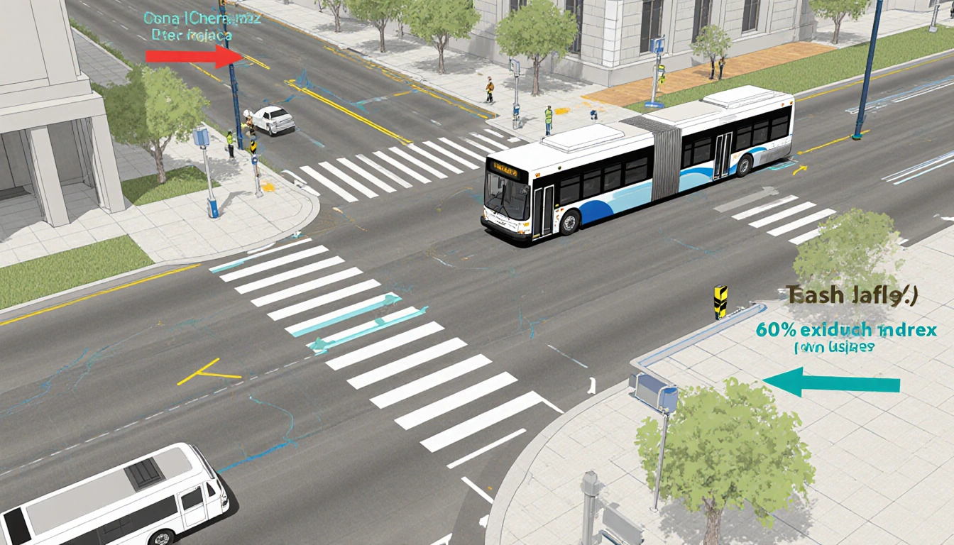 Modern bus turning left onto West Cesar Chavez with bright new striping and a side pedestrian path showing a 60% crash drop c