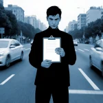 Person standing with clipboard and determined expression at busy city intersection with passing traffic